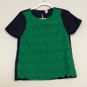 J. Crew Emerald Green/Navy lace blouse
